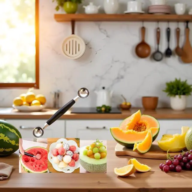 Alt view image 2 of 7 - 2-in-1 Stainless Steel Melon Baller - Double-Sided Fruit Scoop with Ergonomic Non-Slip Handle for Watermelon, Cantaloupe and Professional Kitchen Use