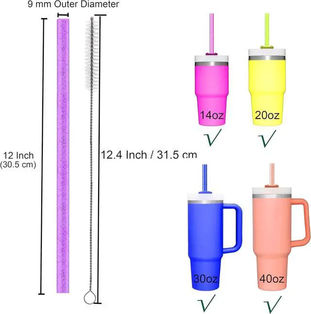 Alt view image 2 of 7 - Dakoufish Replacement Glitter Straws for Stanley|Owala|Simple Modern 40oz 30oz Tumbler,10 Pack 12 Inch Reusable Straws With Cleaning Brush For Stanley Hydro Jug Cup,Dishwasher Safe (Mix 10color)