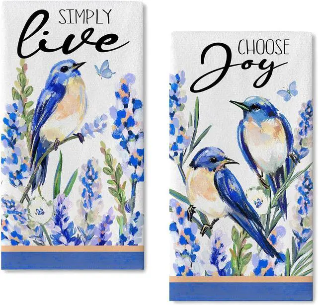 Main image of Seliem Spring Summer Bluebird Kitchen Dish Towels Set of 2 | Lavender Floral Flower Simply Live Hand Towels Drying Baking Cooking Cloth, Choose Joy Seasonal Home Kitchen Decor 18x26 Inch