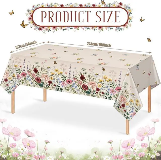 Alt view image 2 of 7 - 3 Pcs Spring Floral Tablecloth, Butterfly Wildflower Plastic Disposable Tablecloth Rectangle Table Covers for Easter, Birthday, Wedding, Mothers Day Tea Party Supplies and Decorations,54 x 108 Inch
