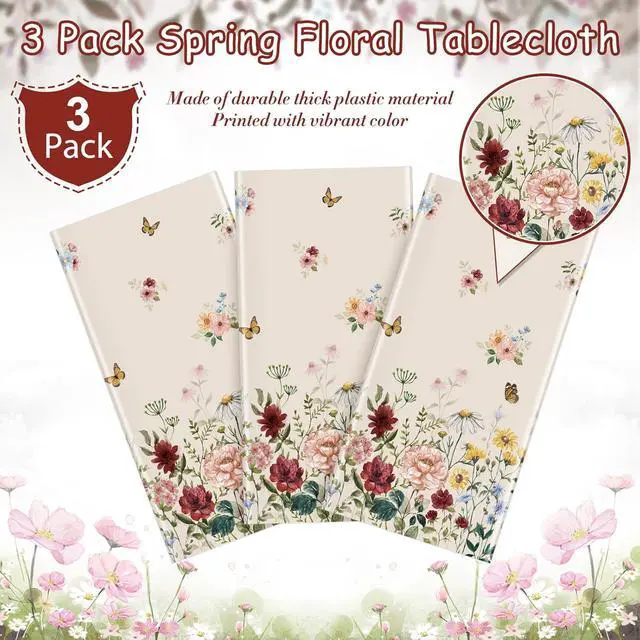 Alt view image 4 of 7 - 3 Pcs Spring Floral Tablecloth, Butterfly Wildflower Plastic Disposable Tablecloth Rectangle Table Covers for Easter, Birthday, Wedding, Mothers Day Tea Party Supplies and Decorations,54 x 108 Inch