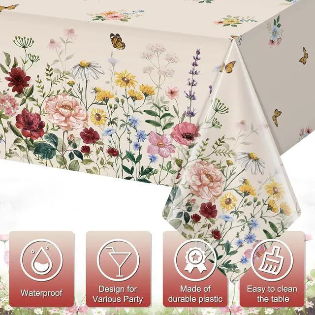 Alt view image 3 of 7 - 3 Pcs Spring Floral Tablecloth, Butterfly Wildflower Plastic Disposable Tablecloth Rectangle Table Covers for Easter, Birthday, Wedding, Mothers Day Tea Party Supplies and Decorations,54 x 108 Inch