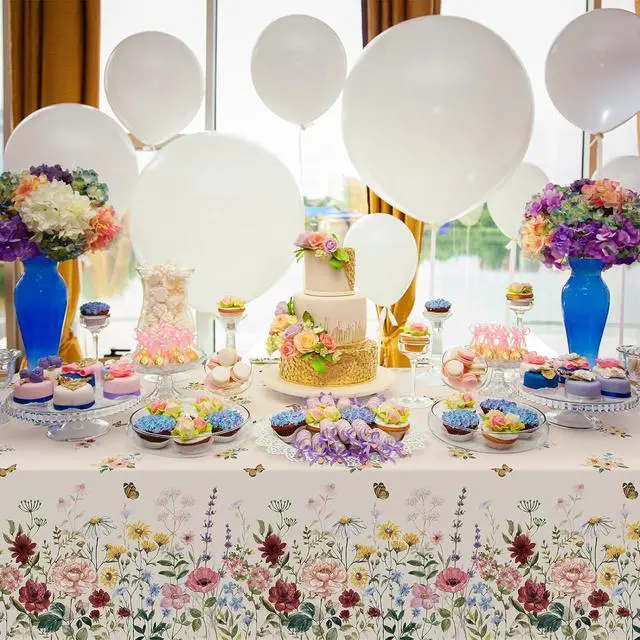 Alt view image 5 of 7 - 3 Pcs Spring Floral Tablecloth, Butterfly Wildflower Plastic Disposable Tablecloth Rectangle Table Covers for Easter, Birthday, Wedding, Mothers Day Tea Party Supplies and Decorations,54 x 108 Inch