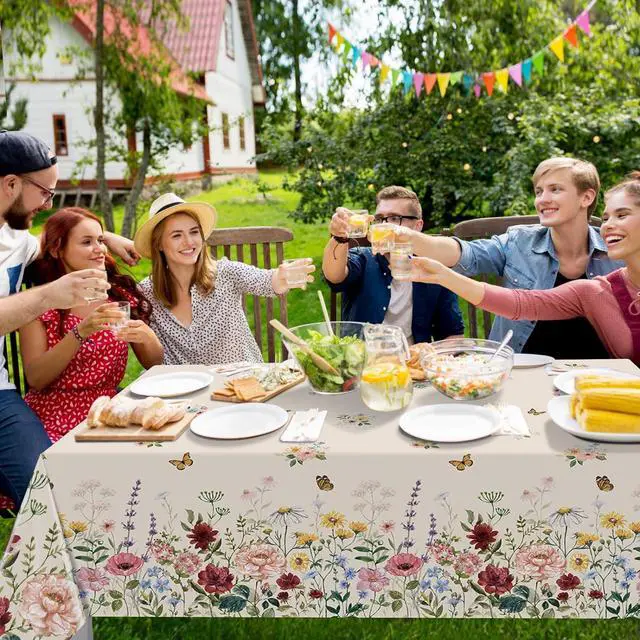 Alt view image 6 of 7 - 3 Pcs Spring Floral Tablecloth, Butterfly Wildflower Plastic Disposable Tablecloth Rectangle Table Covers for Easter, Birthday, Wedding, Mothers Day Tea Party Supplies and Decorations,54 x 108 Inch
