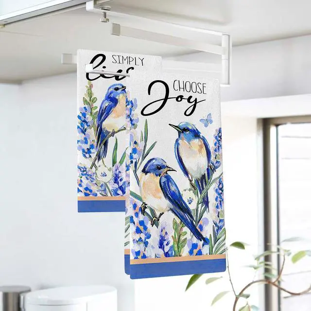 Alt view image 3 of 7 - Seliem Spring Summer Bluebird Kitchen Dish Towels Set of 2 | Lavender Floral Flower Simply Live Hand Towels Drying Baking Cooking Cloth, Choose Joy Seasonal Home Kitchen Decor 18x26 Inch