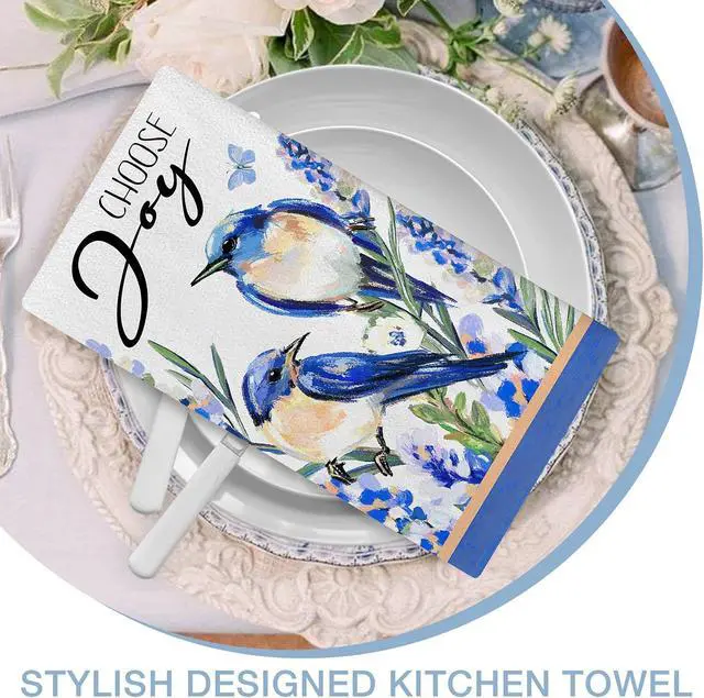Alt view image 6 of 7 - Seliem Spring Summer Bluebird Kitchen Dish Towels Set of 2 | Lavender Floral Flower Simply Live Hand Towels Drying Baking Cooking Cloth, Choose Joy Seasonal Home Kitchen Decor 18x26 Inch