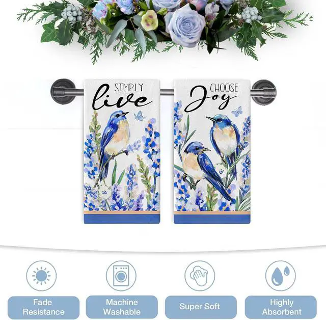 Alt view image 7 of 7 - Seliem Spring Summer Bluebird Kitchen Dish Towels Set of 2 | Lavender Floral Flower Simply Live Hand Towels Drying Baking Cooking Cloth, Choose Joy Seasonal Home Kitchen Decor 18x26 Inch