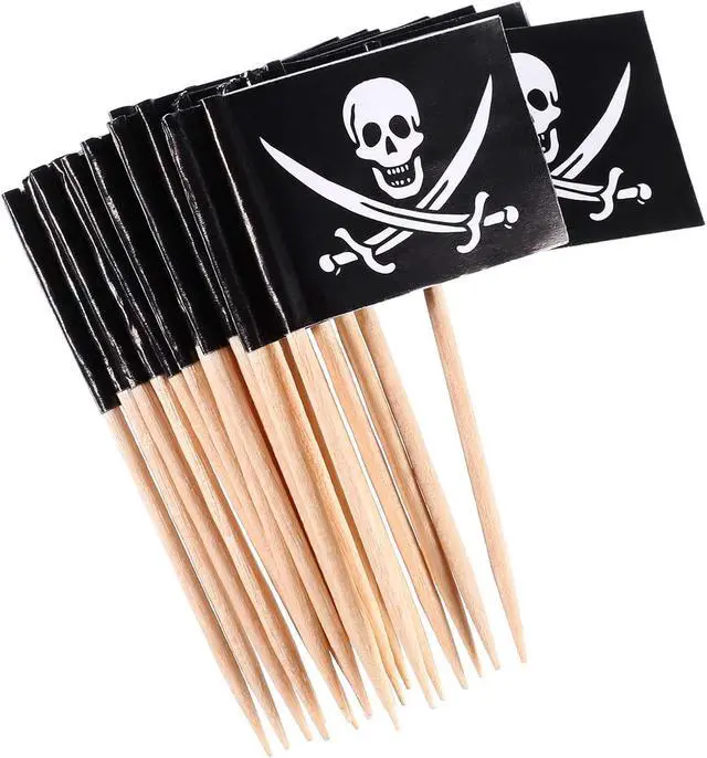 Alt view image 4 of 6 - Blulu 100 Pcs Pirate Cocktail Toothpicks Flag Toppers for Food Party, 100 | Halloween Flags Cake Toppers for Appetizer, Cocktail, Cupcake Decoration for Birthday Party Decoration, Skull Design