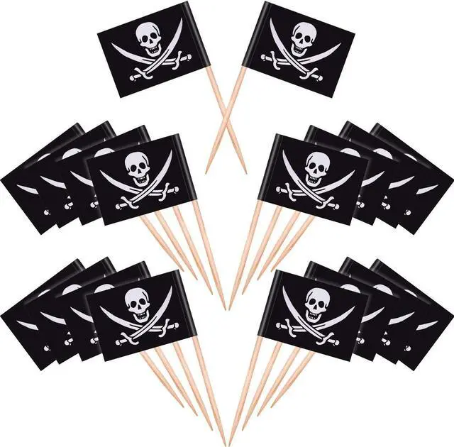 Main image of Blulu 100 Pcs Pirate Cocktail Toothpicks Flag Toppers for Food Party, 100 | Halloween Flags Cake Toppers for Appetizer, Cocktail, Cupcake Decoration for Birthday Party Decoration, Skull Design
