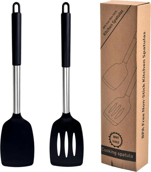 Main image of 2-Pack Silicone Solid & Slotted Turner Spatulas, Non-Stick Heat Resistant Cooking Utensils for Eggs, Fish & Pancakes, Stainless Steel/Black Handle