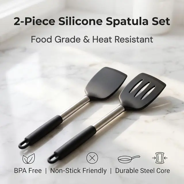 Alt view image 2 of 7 - 2-Pack Silicone Solid & Slotted Turner Spatulas, Non-Stick Heat Resistant Cooking Utensils for Eggs, Fish & Pancakes, Stainless Steel/Black Handle