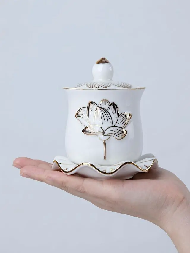 Alt view image 6 of 6 - Houlu Ceramic Altar Cup, Holy Water Offering Cup - White