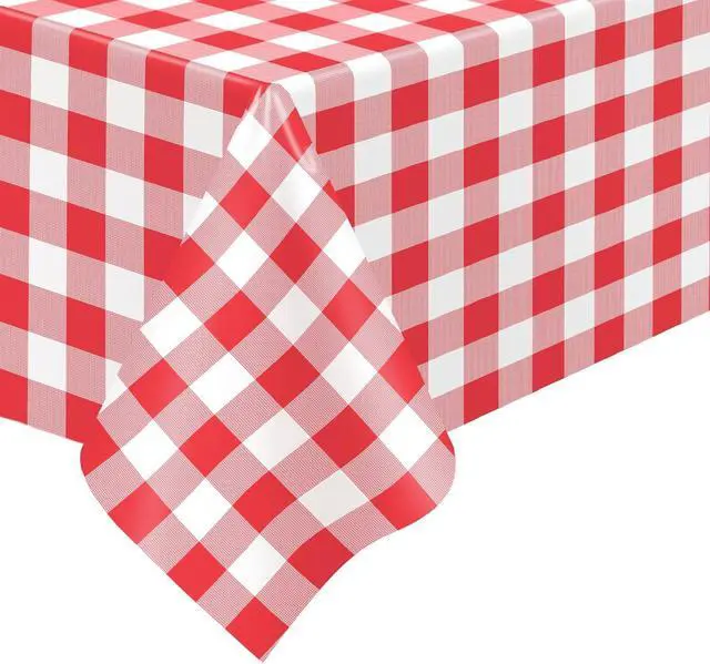 Alt view image 4 of 7 - Kopokita 2 Pack Red Gingham Tablecloth Disposable 54 x 108 Inch | Red and White Checkered Tablecloths Plastic Picnic Tablecovers for Birthday Party, Baby Shower, Back to School, Christmas