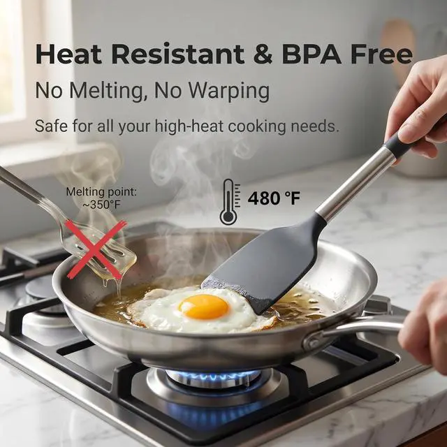 Alt view image 4 of 7 - 2-Pack Silicone Solid & Slotted Turner Spatulas, Non-Stick Heat Resistant Cooking Utensils for Eggs, Fish & Pancakes, Stainless Steel/Black Handle