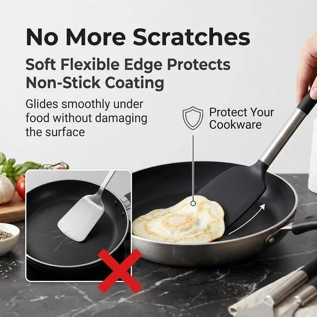 Alt view image 5 of 7 - 2-Pack Silicone Solid & Slotted Turner Spatulas, Non-Stick Heat Resistant Cooking Utensils for Eggs, Fish & Pancakes, Stainless Steel/Black Handle