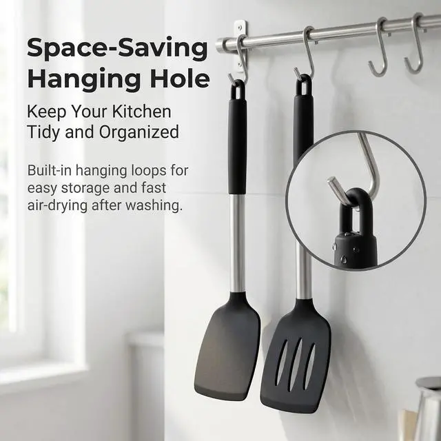 Alt view image 7 of 7 - 2-Pack Silicone Solid & Slotted Turner Spatulas, Non-Stick Heat Resistant Cooking Utensils for Eggs, Fish & Pancakes, Stainless Steel/Black Handle