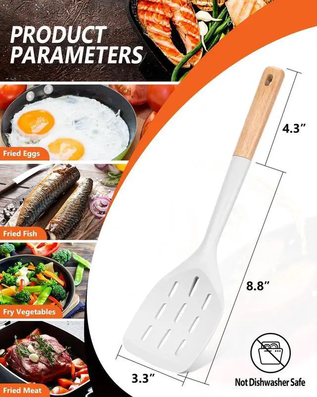 Alt view image 2 of 7 - Badiano Silicone Spatula, Non Stick Turner for Cooking, Food Grade, White | Heat Resistant, Flexible Edge, 2 Pack Wooden Handle Kitchen Turner for Baking Mixing Grilling Serving Food