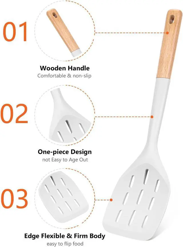Alt view image 3 of 7 - Badiano Silicone Spatula, Non Stick Turner for Cooking, Food Grade, White | Heat Resistant, Flexible Edge, 2 Pack Wooden Handle Kitchen Turner for Baking Mixing Grilling Serving Food