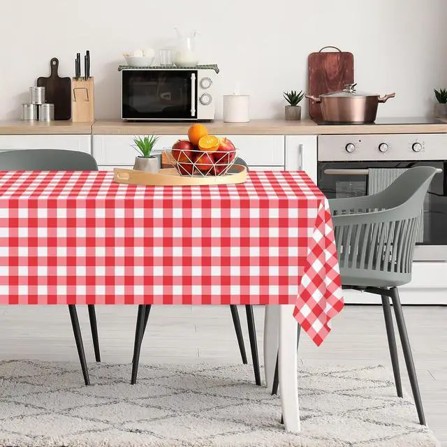 Alt view image 6 of 7 - Kopokita 2 Pack Red Gingham Tablecloth Disposable 54 x 108 Inch | Red and White Checkered Tablecloths Plastic Picnic Tablecovers for Birthday Party, Baby Shower, Back to School, Christmas