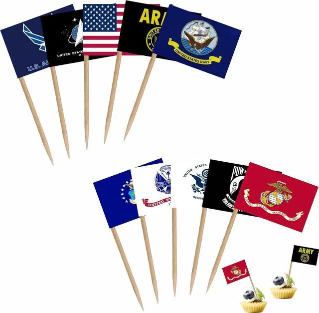 Main image of US Military Toothpick Flag Set Army Armed Forces All Branche Small Mini Cocktail Fruit Cupcakes Toppers Food Stick Flags Decorations,100 Pack