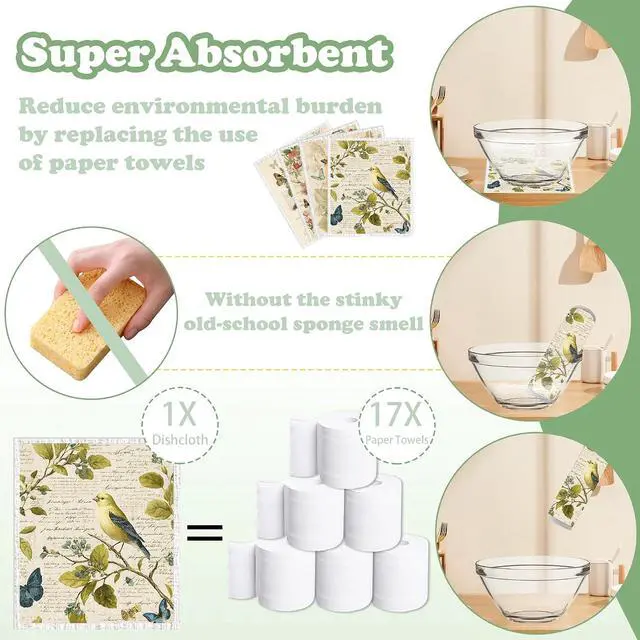 Alt view image 3 of 7 - Swedish Dishcloths for Kitchen, 6 Pack Vintage Floral Bird Swedish Dish Cloths for Washing Dishes, Reusable Washable Absorbent Dish Towels for Home Kitchen Cleaning Quick Drying