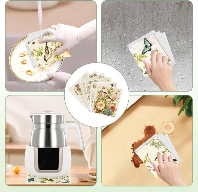 Alt view image 6 of 7 - Swedish Dishcloths for Kitchen, 6 Pack Vintage Floral Bird Swedish Dish Cloths for Washing Dishes, Reusable Washable Absorbent Dish Towels for Home Kitchen Cleaning Quick Drying