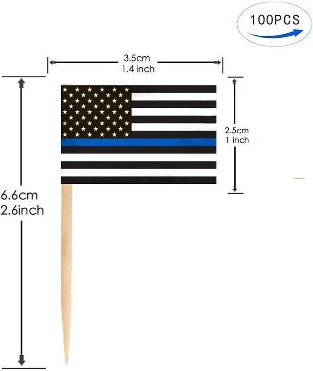 Alt view image 2 of 4 - 100 Pcs American Thin Blue Line Flag US Police Topper Flag, Small Mini United States Military Police Toothpick Flags On Stick,Decorations Supplies For Army Party Events Celebration