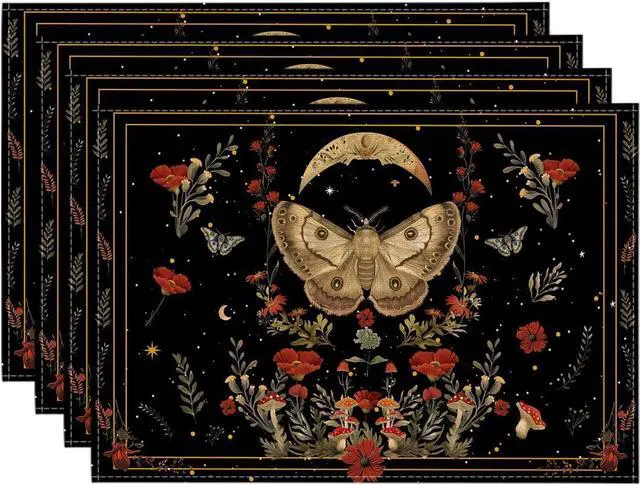 Main image of Artoid Mode Black Poppy Moth Moon Placemats Set of 4, 12x18 Inch Floral Spring Table Mats for Outdoor Home Party Kitchen Dining Decor