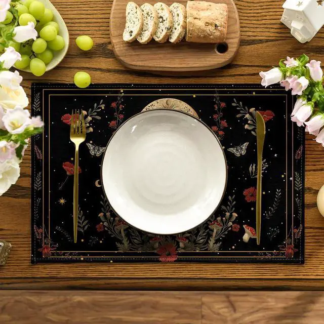 Alt view image 2 of 7 - Artoid Mode Black Poppy Moth Moon Placemats Set of 4, 12x18 Inch Floral Spring Table Mats for Outdoor Home Party Kitchen Dining Decor