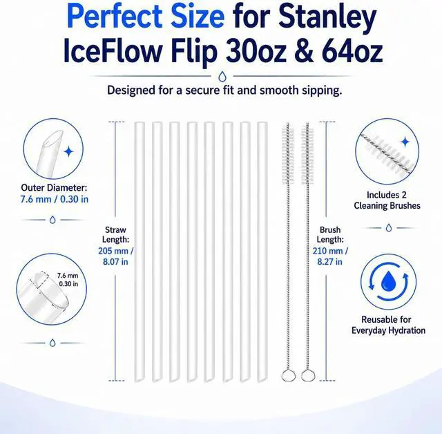 Alt view image 2 of 7 - Joshey Replacement Straws for Stanley IceFlow Flip 30oz Tumbler Only | Compatible with Stanley IceFlow Flip Straw Lid, 8-Pack BPA-Free Reusable Plastic Replacement Straws with 2 Cleaning Brushes