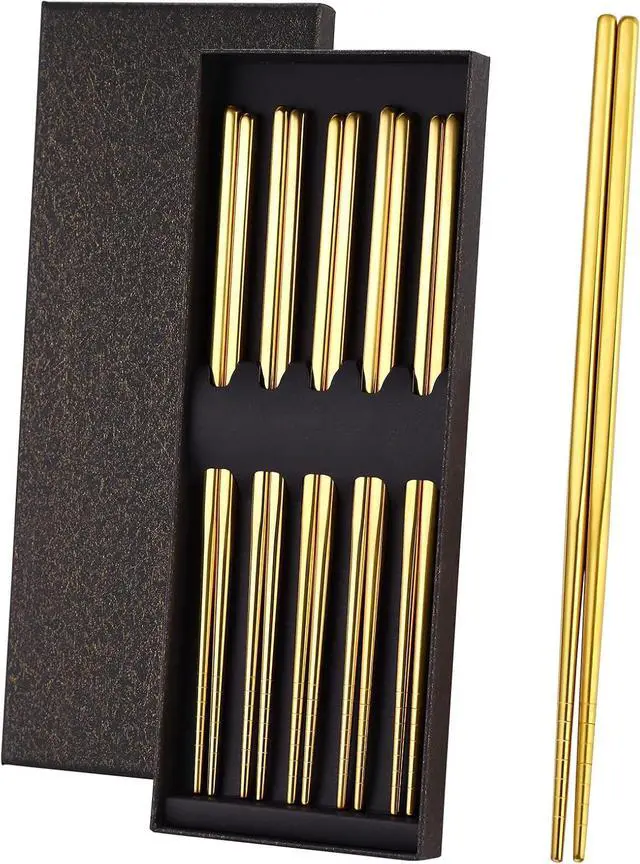 Main image of Gold Stainless Steel Chopsticks - Reusable Chopsticks - 5 Pairs Dishwasher Safe Metal Chopsticks - Easy to Use - Pressure Line Lightweight Chop Sticks- Gift Set9 Inch