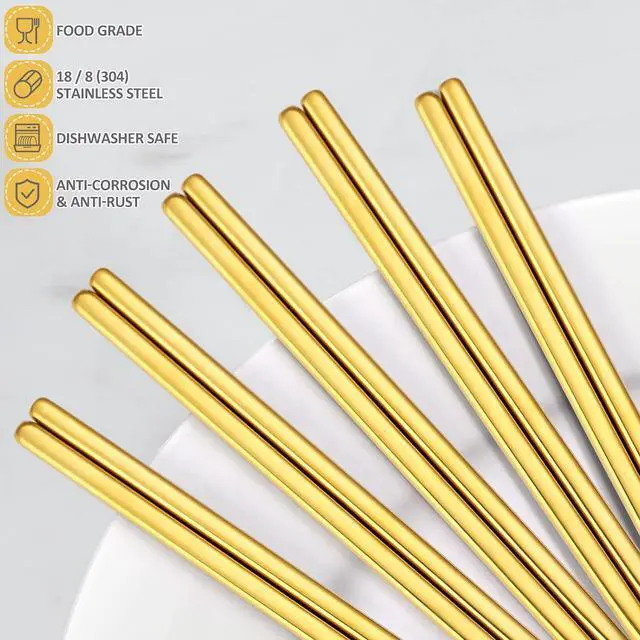 Alt view image 3 of 7 - Gold Stainless Steel Chopsticks - Reusable Chopsticks - 5 Pairs Dishwasher Safe Metal Chopsticks - Easy to Use - Pressure Line Lightweight Chop Sticks- Gift Set9 Inch