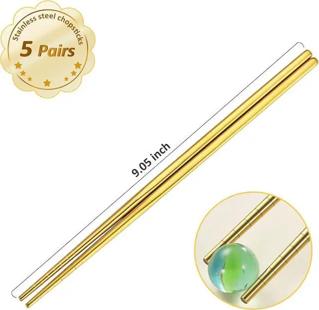 Alt view image 2 of 7 - Gold Stainless Steel Chopsticks - Reusable Chopsticks - 5 Pairs Dishwasher Safe Metal Chopsticks - Easy to Use - Pressure Line Lightweight Chop Sticks- Gift Set9 Inch