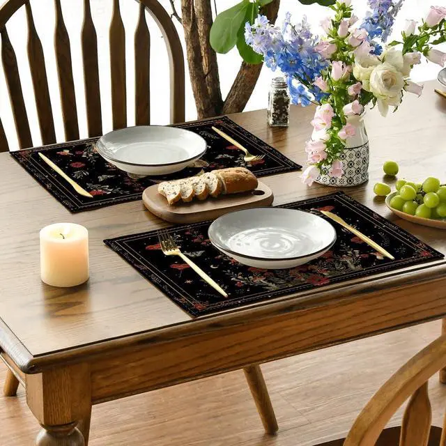 Alt view image 3 of 7 - Artoid Mode Black Poppy Moth Moon Placemats Set of 4, 12x18 Inch Floral Spring Table Mats for Outdoor Home Party Kitchen Dining Decor