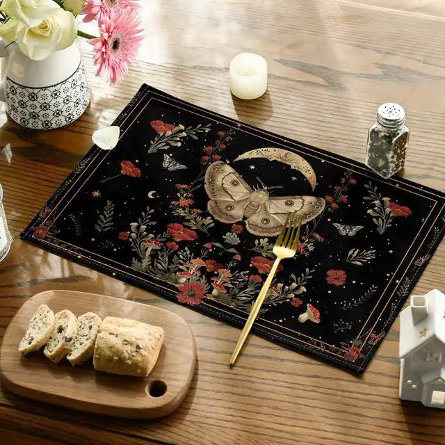 Alt view image 4 of 7 - Artoid Mode Black Poppy Moth Moon Placemats Set of 4, 12x18 Inch Floral Spring Table Mats for Outdoor Home Party Kitchen Dining Decor
