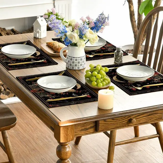 Alt view image 5 of 7 - Artoid Mode Black Poppy Moth Moon Placemats Set of 4, 12x18 Inch Floral Spring Table Mats for Outdoor Home Party Kitchen Dining Decor