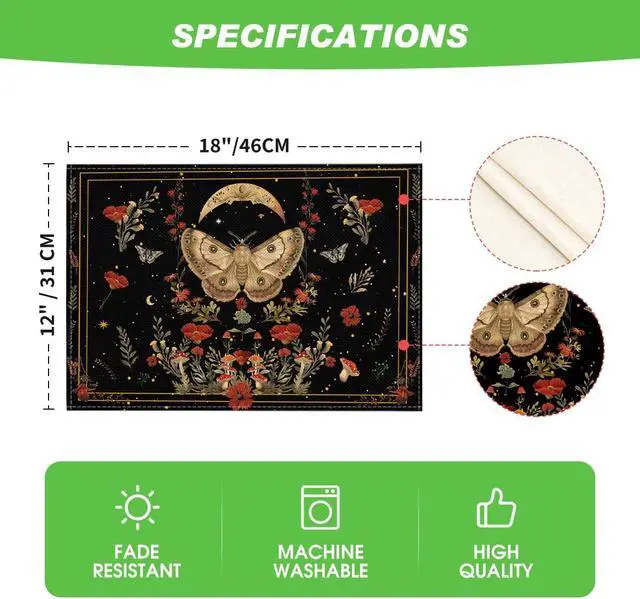 Alt view image 6 of 7 - Artoid Mode Black Poppy Moth Moon Placemats Set of 4, 12x18 Inch Floral Spring Table Mats for Outdoor Home Party Kitchen Dining Decor