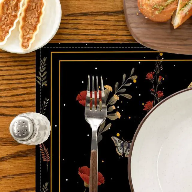 Alt view image 7 of 7 - Artoid Mode Black Poppy Moth Moon Placemats Set of 4, 12x18 Inch Floral Spring Table Mats for Outdoor Home Party Kitchen Dining Decor