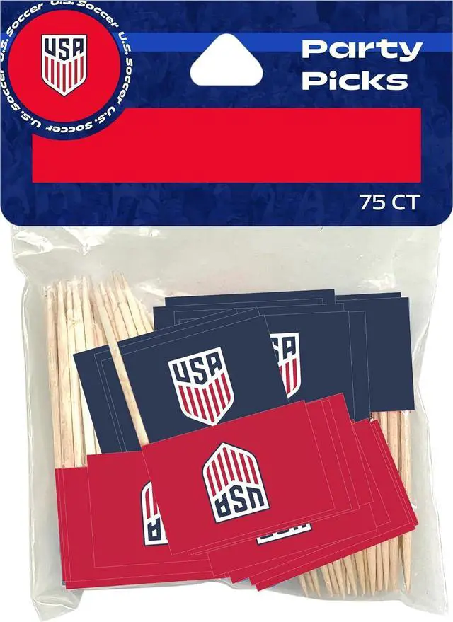 Alt view image 2 of 3 - U.S. Soccer Party Picks, 2.5 Inch, 75 Count, Wooden Toothpicks with Red and Blue Flag Toppers for Snacks and Appetizers