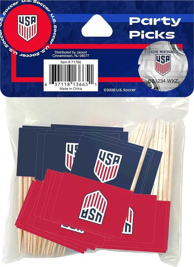 Alt view image 3 of 3 - U.S. Soccer Party Picks, 2.5 Inch, 75 Count, Wooden Toothpicks with Red and Blue Flag Toppers for Snacks and Appetizers