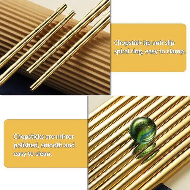 Alt view image 6 of 7 - Gold Stainless Steel Chopsticks - Reusable Chopsticks - 5 Pairs Dishwasher Safe Metal Chopsticks - Easy to Use - Pressure Line Lightweight Chop Sticks- Gift Set9 Inch
