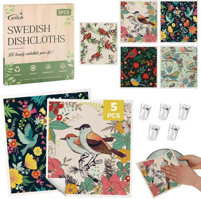 Main image of wlich 5 Pack Swedish Dishcloths, Reusable Kitchen Towels, Birds Flowers | Non-Scratch Kitchen Towels and Dishcloths Sets, Washable Swedish Dish Cloths with Clips, for Dishes, Counters, Glass, Sink