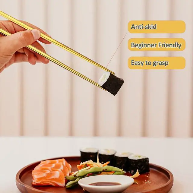 Alt view image 5 of 7 - Gold Stainless Steel Chopsticks - Reusable Chopsticks - 5 Pairs Dishwasher Safe Metal Chopsticks - Easy to Use - Pressure Line Lightweight Chop Sticks- Gift Set9 Inch