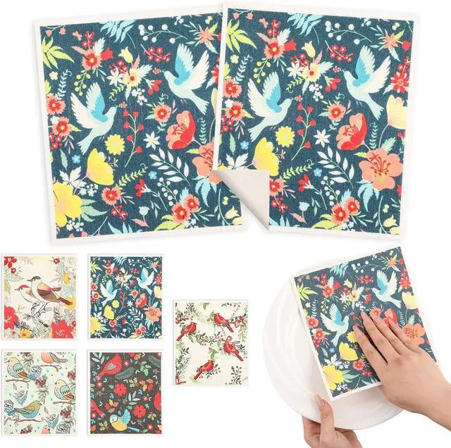Alt view image 2 of 7 - wlich 5 Pack Swedish Dishcloths, Reusable Kitchen Towels, Birds Flowers | Non-Scratch Kitchen Towels and Dishcloths Sets, Washable Swedish Dish Cloths with Clips, for Dishes, Counters, Glass, Sink