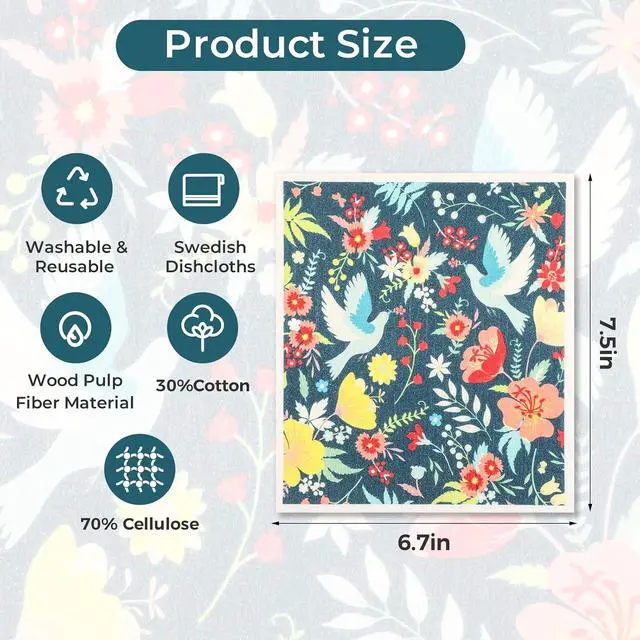 Alt view image 3 of 7 - wlich 5 Pack Swedish Dishcloths, Reusable Kitchen Towels, Birds Flowers | Non-Scratch Kitchen Towels and Dishcloths Sets, Washable Swedish Dish Cloths with Clips, for Dishes, Counters, Glass, Sink