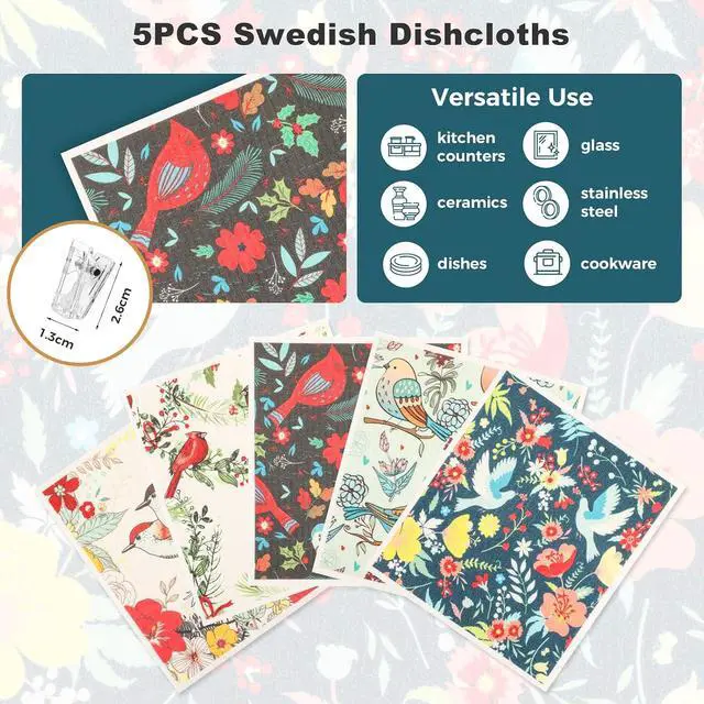 Alt view image 5 of 7 - wlich 5 Pack Swedish Dishcloths, Reusable Kitchen Towels, Birds Flowers | Non-Scratch Kitchen Towels and Dishcloths Sets, Washable Swedish Dish Cloths with Clips, for Dishes, Counters, Glass, Sink