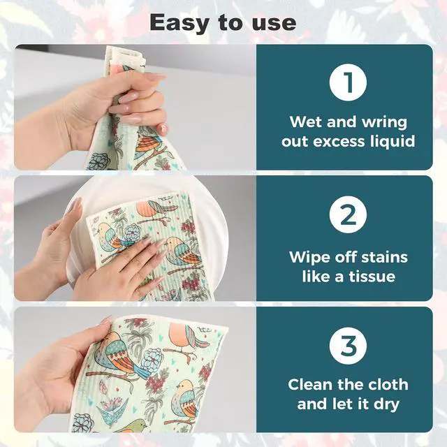 Alt view image 7 of 7 - wlich 5 Pack Swedish Dishcloths, Reusable Kitchen Towels, Birds Flowers | Non-Scratch Kitchen Towels and Dishcloths Sets, Washable Swedish Dish Cloths with Clips, for Dishes, Counters, Glass, Sink