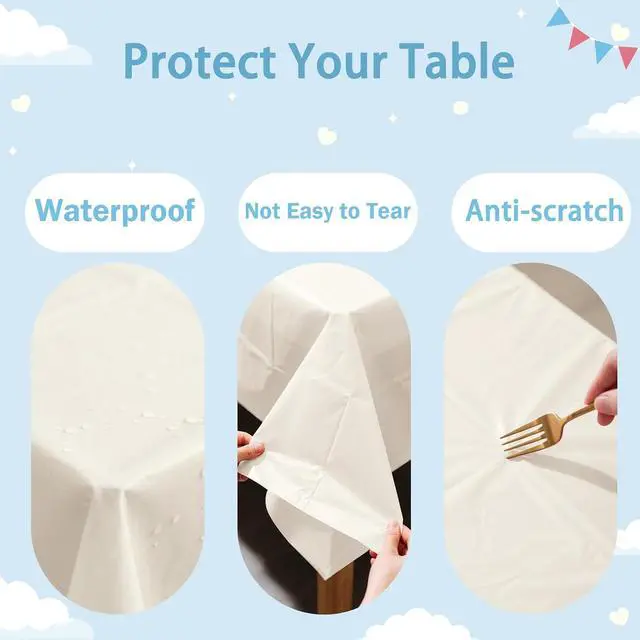 Alt view image 3 of 6 - Ivory Plastic Tablecloth 2 Pack, 54 X 108 Disposable Rectangle Ivory Party Table Covers for Birthday, Anniversary, Camping, Wedding Party Decoration