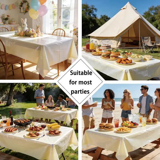 Alt view image 6 of 6 - Ivory Plastic Tablecloth 2 Pack, 54 X 108 Disposable Rectangle Ivory Party Table Covers for Birthday, Anniversary, Camping, Wedding Party Decoration