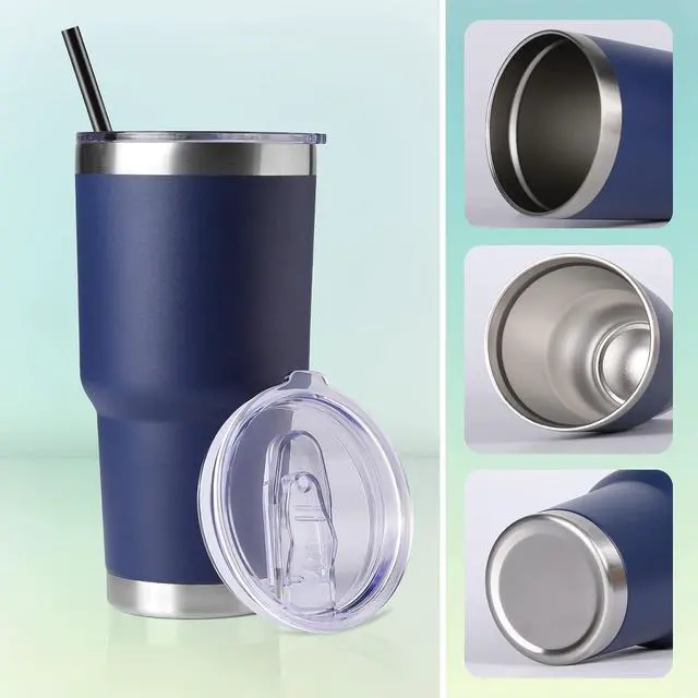 Alt view image 5 of 6 - DOMICARE 30 oz Tumbler with Lid and Straw, Stainless Steel Tumblers Bulk, Insulated Vacuum Double Wall Travel Coffee Mug, Durable Powder Coated Tumbler Cup (Navy, 1)